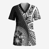 Hibiscus With Black Austronesian Tattoo Pattern Scrub Top - Polynesian Pride