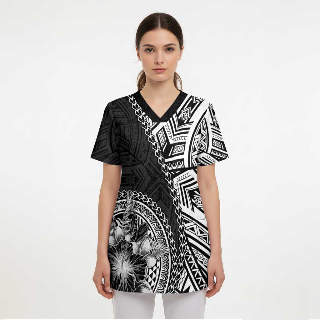 Hibiscus With Black Austronesian Tattoo Pattern Scrub Top - Polynesian Pride