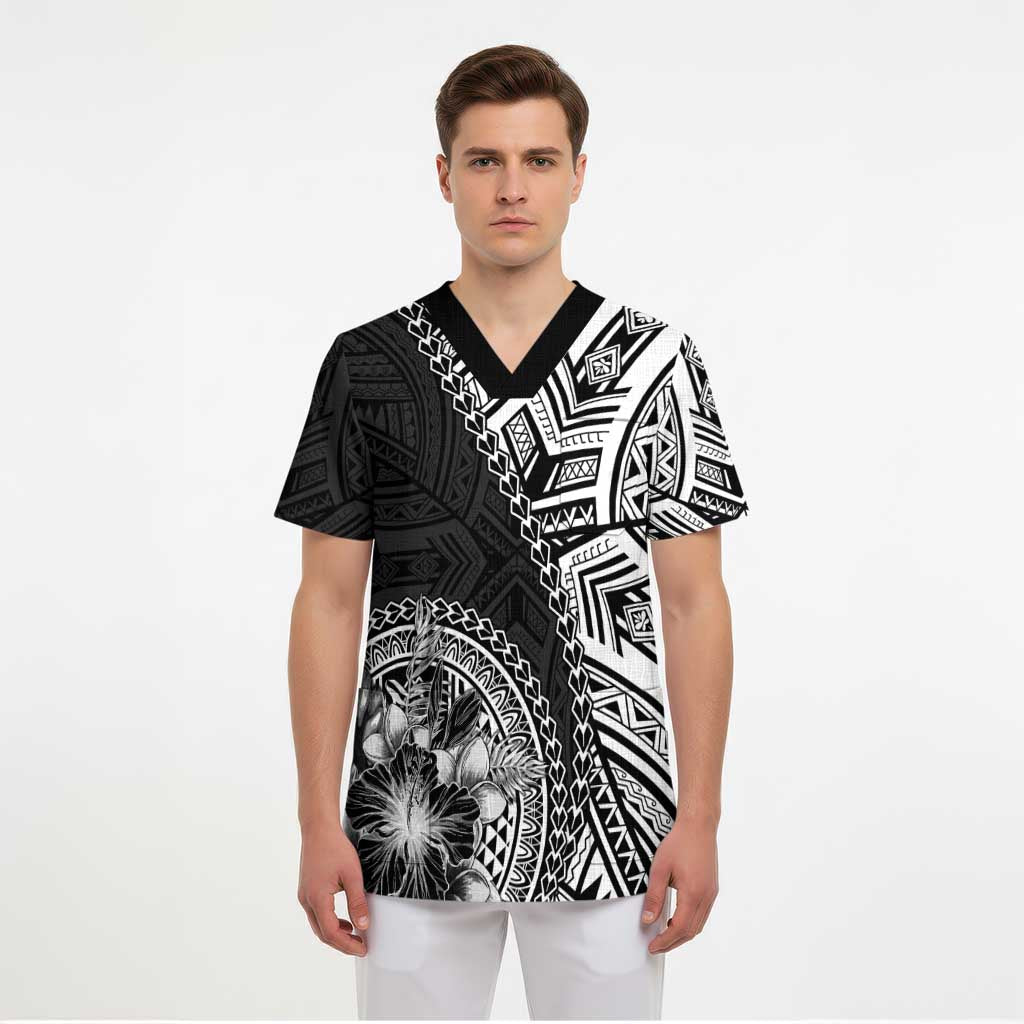 Hibiscus With Black Austronesian Tattoo Pattern Scrub Top - Polynesian Pride