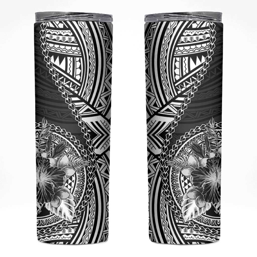 Hibiscus With Black Austronesian Tattoo Pattern Skinny Tumbler LT05 Black - Polynesian Pride