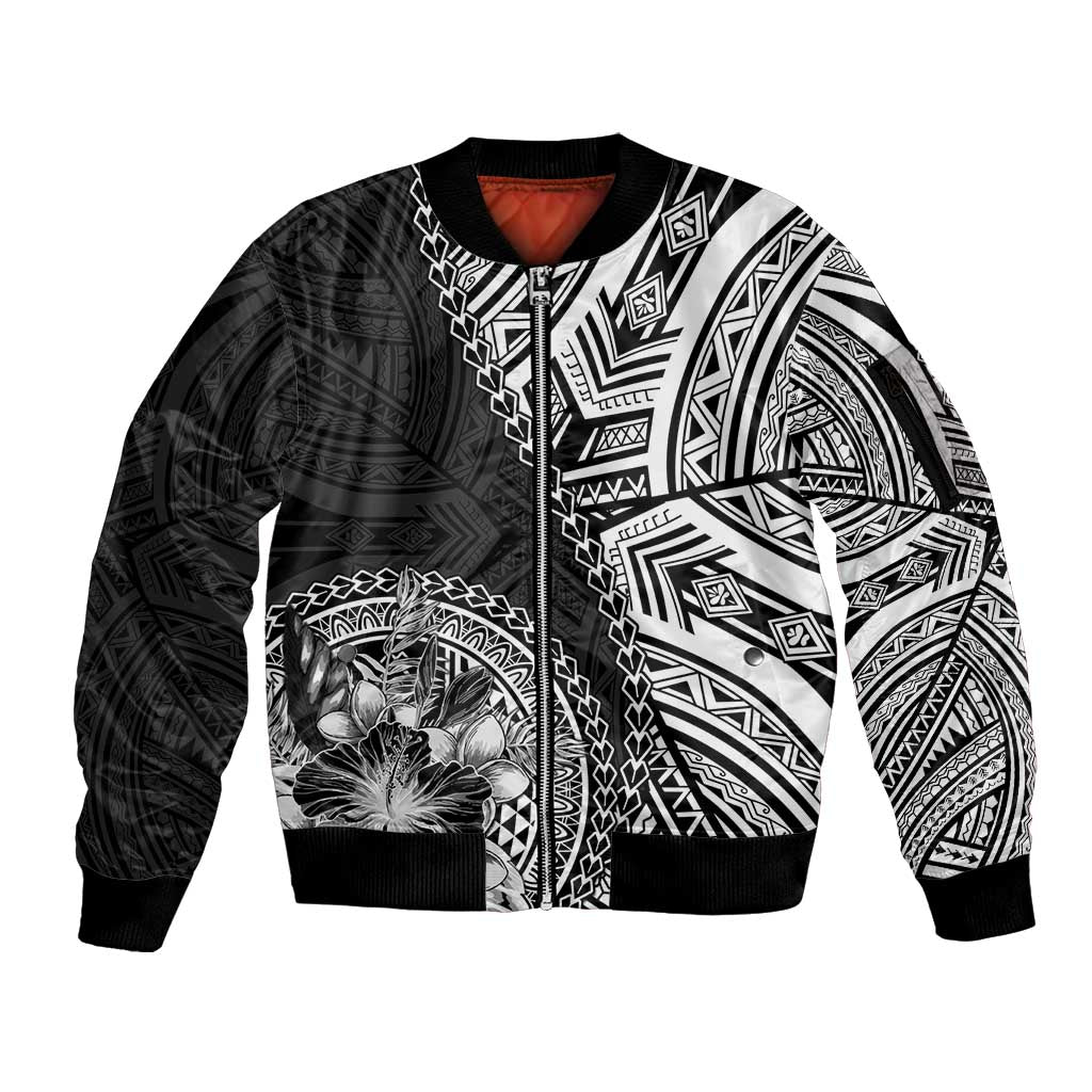 Hibiscus With Black Austronesian Tattoo Pattern Sleeve Zip Bomber Jacket - Polynesian Pride