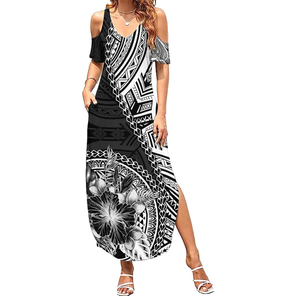 Hibiscus With Black Austronesian Tattoo Pattern Summer Maxi Dress - Polynesian Pride