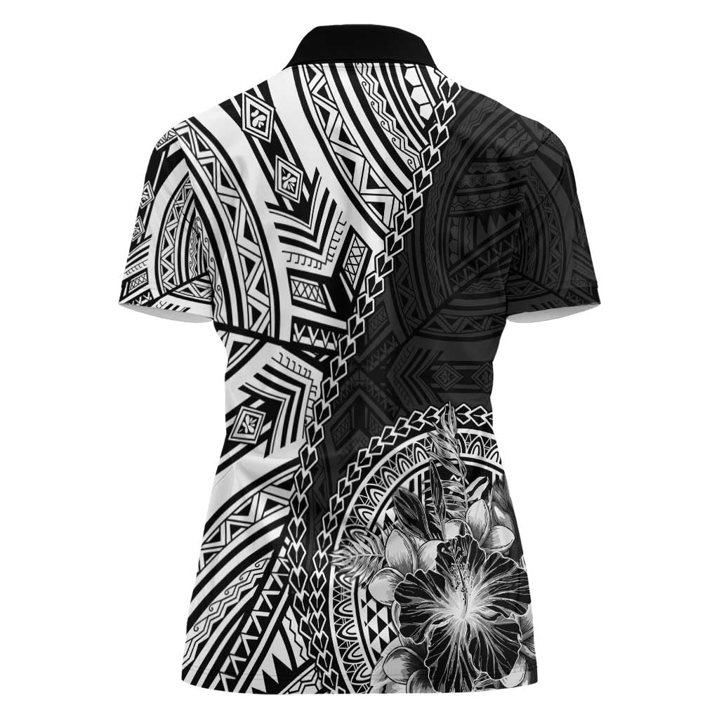 Hibiscus With Black Austronesian Tattoo Pattern Women Polo Shirt - Polynesian Pride