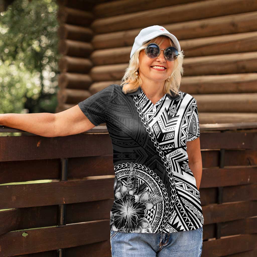 Hibiscus With Black Austronesian Tattoo Pattern Women Polo Shirt - Polynesian Pride