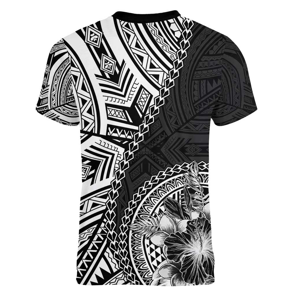 Hibiscus With Black Austronesian Tattoo Pattern Women V-Neck T-Shirt - Polynesian Pride