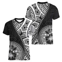 Hibiscus With Black Austronesian Tattoo Pattern Women V-Neck T-Shirt - Polynesian Pride