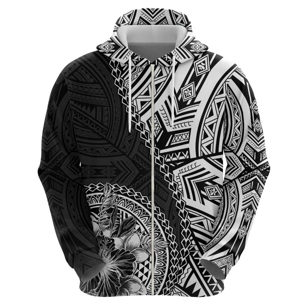 Hibiscus With Black Austronesian Tattoo Pattern Zip Hoodie - Polynesian Pride
