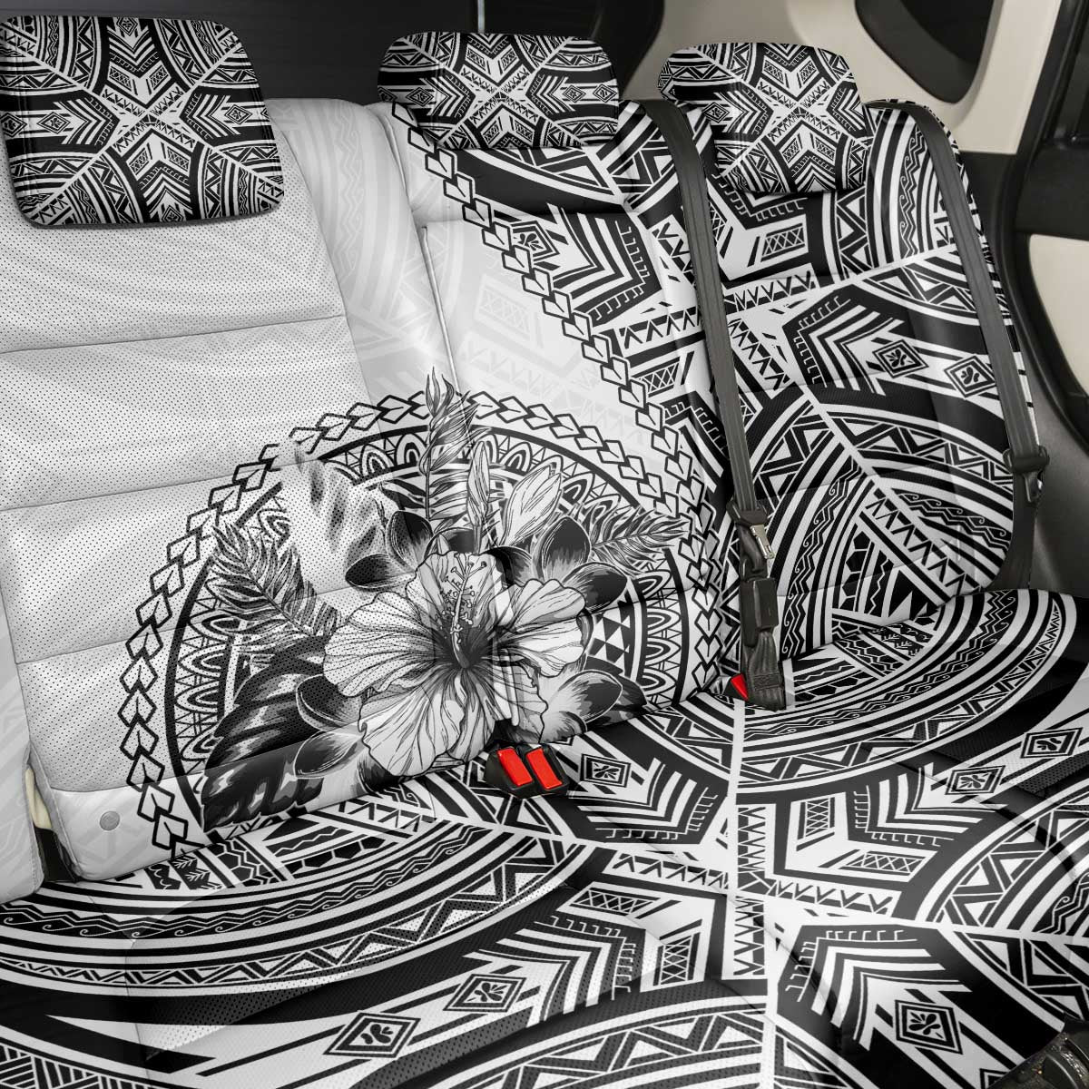 Hibiscus With White Austronesian Tattoo Pattern Back Car Seat Cover - Polynesian Pride