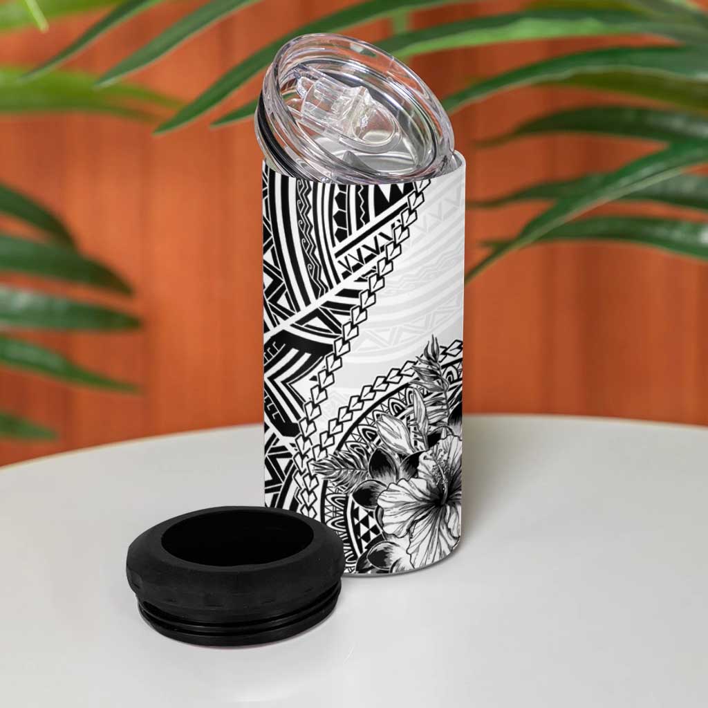 Hibiscus With White Austronesian Tattoo Pattern 4 in 1 Can Cooler Tumbler - Polynesian Pride