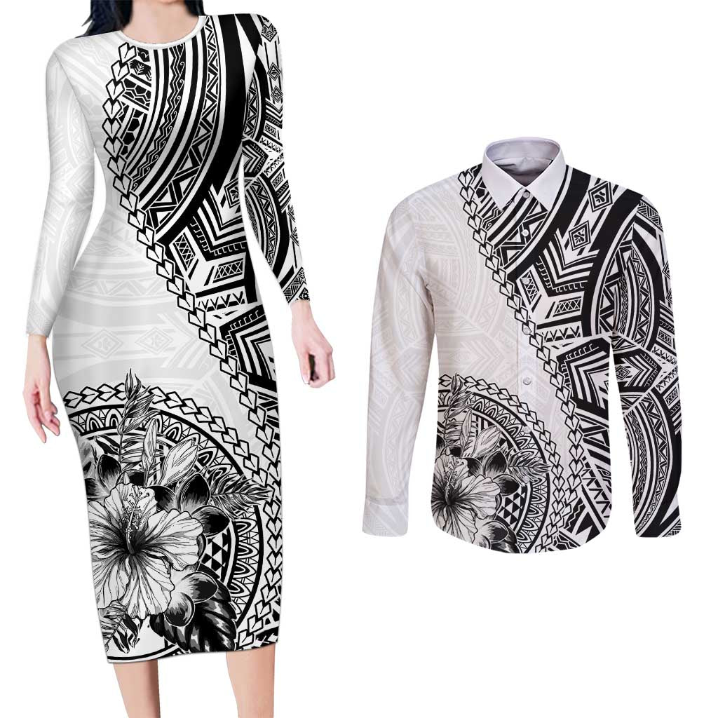 Hibiscus With White Austronesian Tattoo Pattern Couples Matching Long Sleeve Bodycon Dress and Long Sleeve Button Shirt LT05 White - Polynesian Pride
