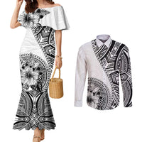 Hibiscus With White Austronesian Tattoo Pattern Couples Matching Mermaid Dress and Long Sleeve Button Shirt - Polynesian Pride
