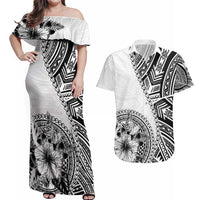 Hibiscus With White Austronesian Tattoo Pattern Couples Matching Off Shoulder Maxi Dress and Hawaiian Shirt - Polynesian Pride
