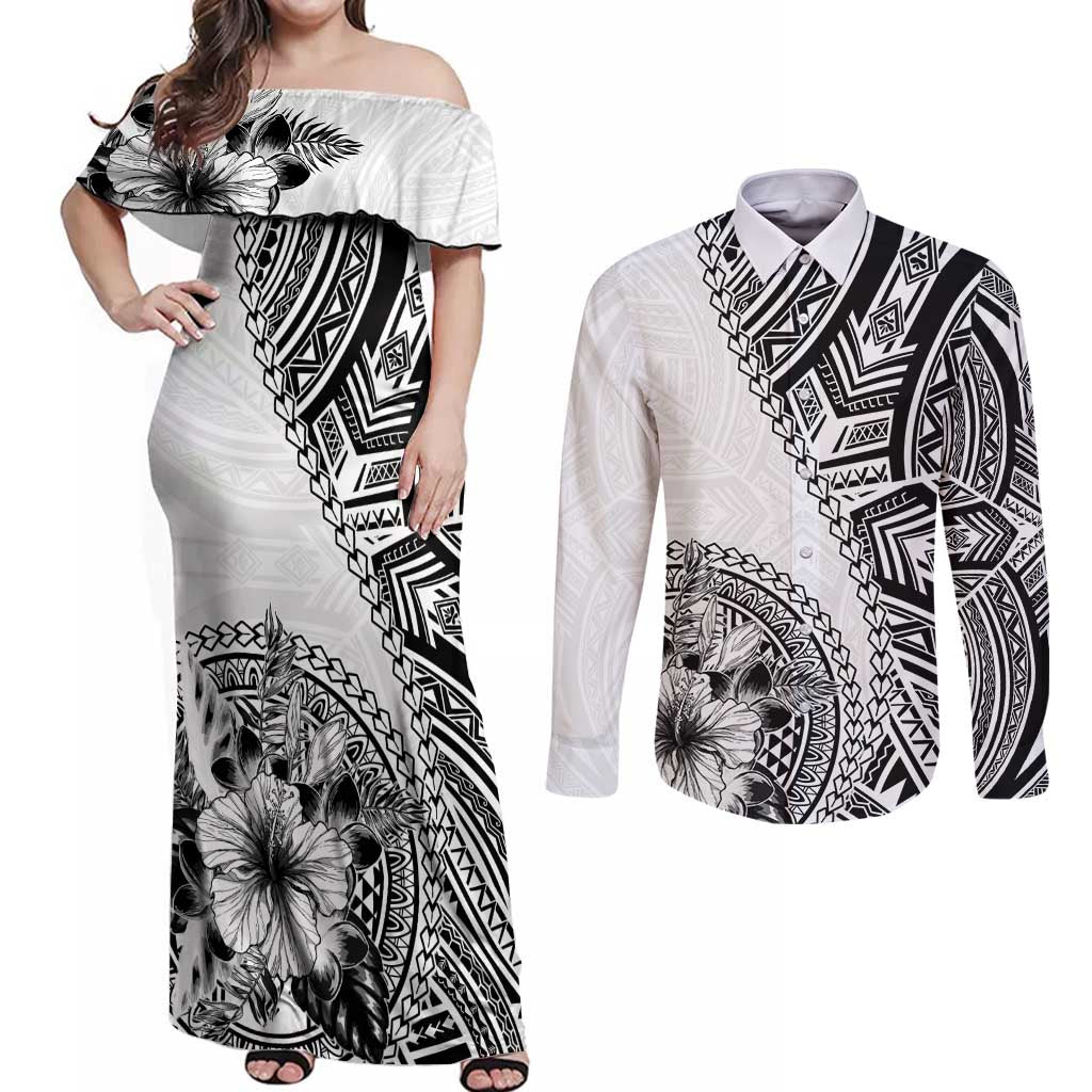Hibiscus With White Austronesian Tattoo Pattern Couples Matching Off Shoulder Maxi Dress and Long Sleeve Button Shirt - Polynesian Pride
