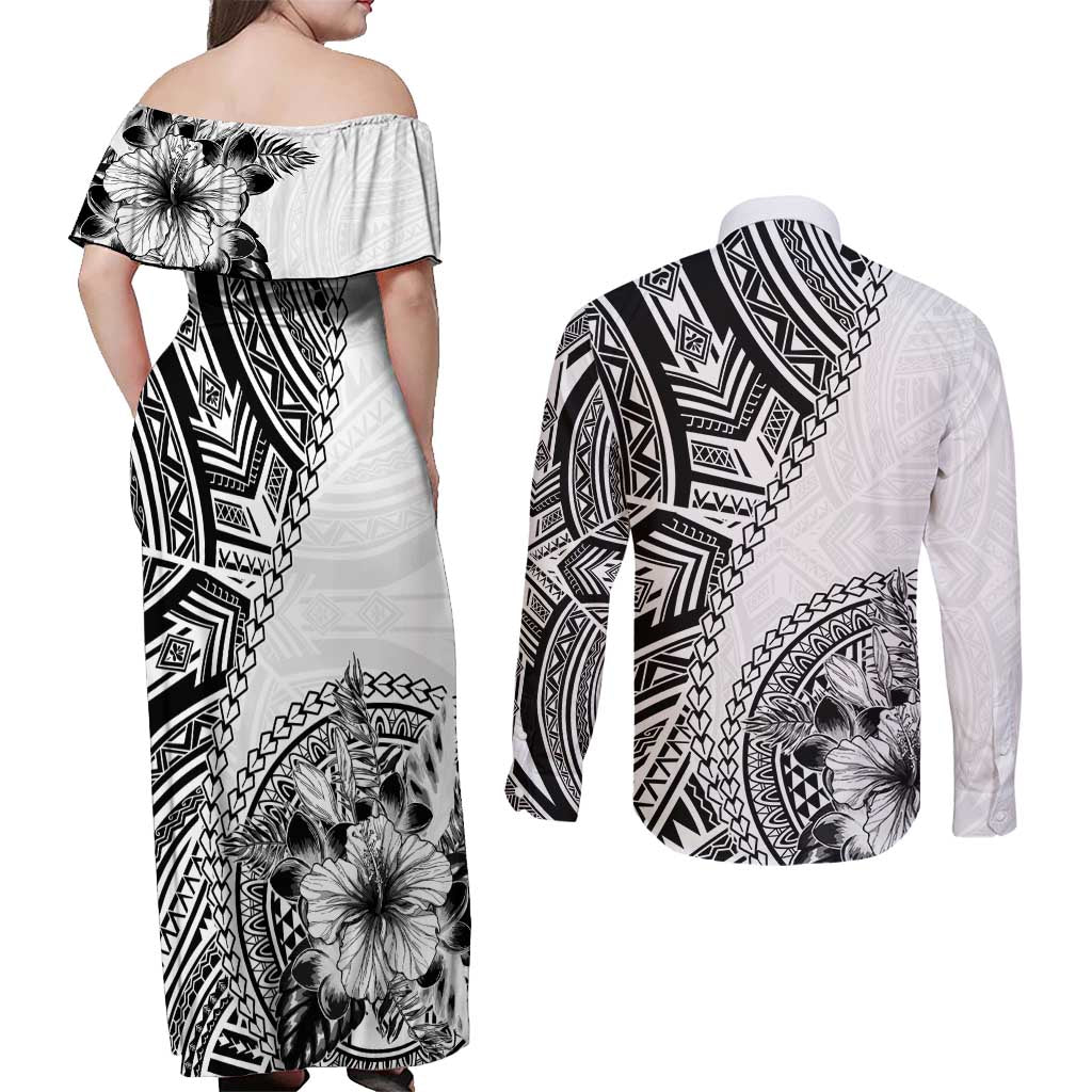 Hibiscus With White Austronesian Tattoo Pattern Couples Matching Off Shoulder Maxi Dress and Long Sleeve Button Shirt - Polynesian Pride