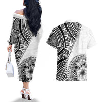 Hibiscus With White Austronesian Tattoo Pattern Couples Matching Off The Shoulder Long Sleeve Dress and Hawaiian Shirt - Polynesian Pride