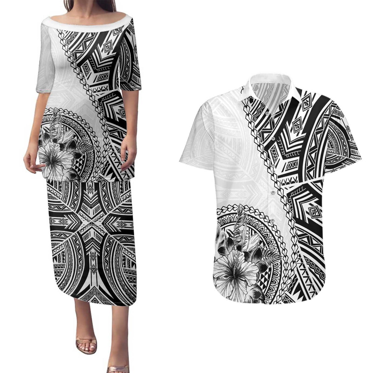 Hibiscus With White Austronesian Tattoo Pattern Couples Matching Puletasi and Hawaiian Shirt - Polynesian Pride