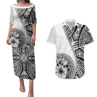 Hibiscus With White Austronesian Tattoo Pattern Couples Matching Puletasi and Hawaiian Shirt - Polynesian Pride