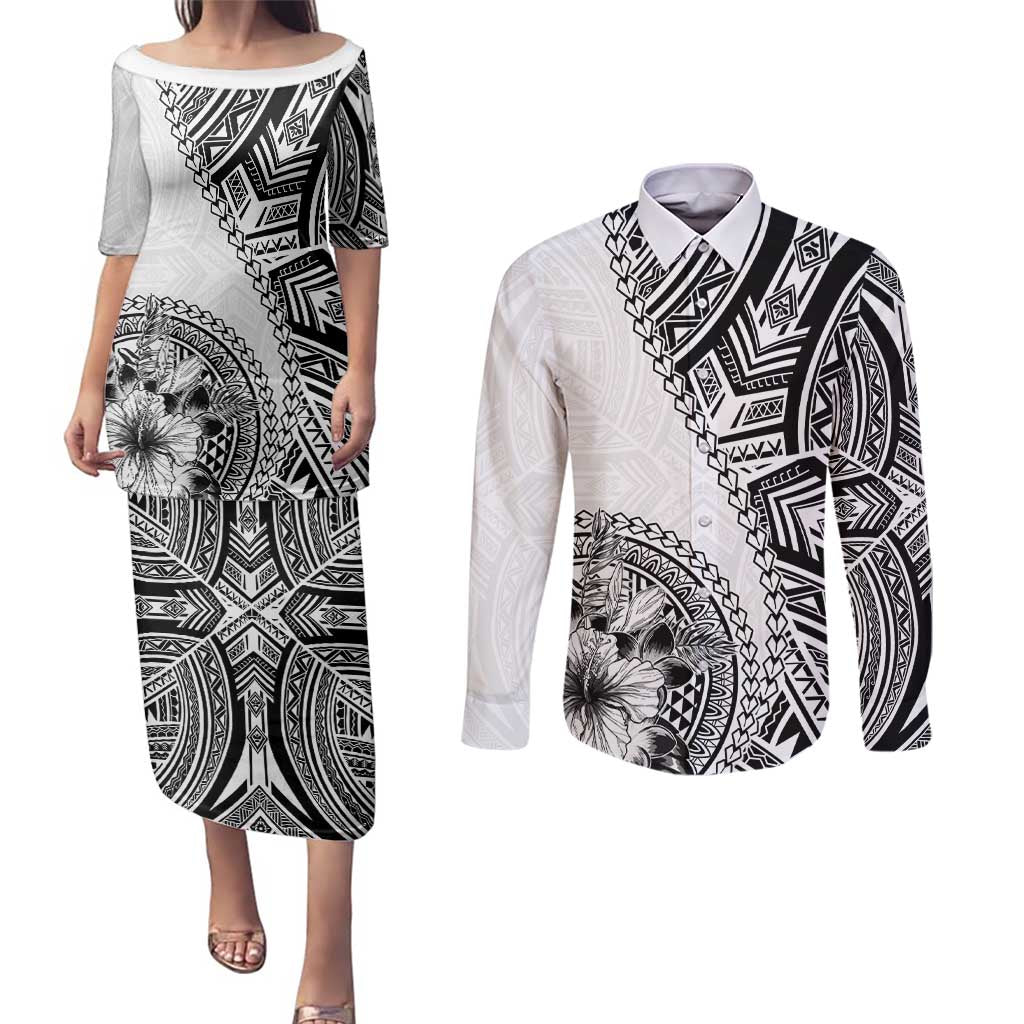 Hibiscus With White Austronesian Tattoo Pattern Couples Matching Puletasi and Long Sleeve Button Shirt LT05 White - Polynesian Pride