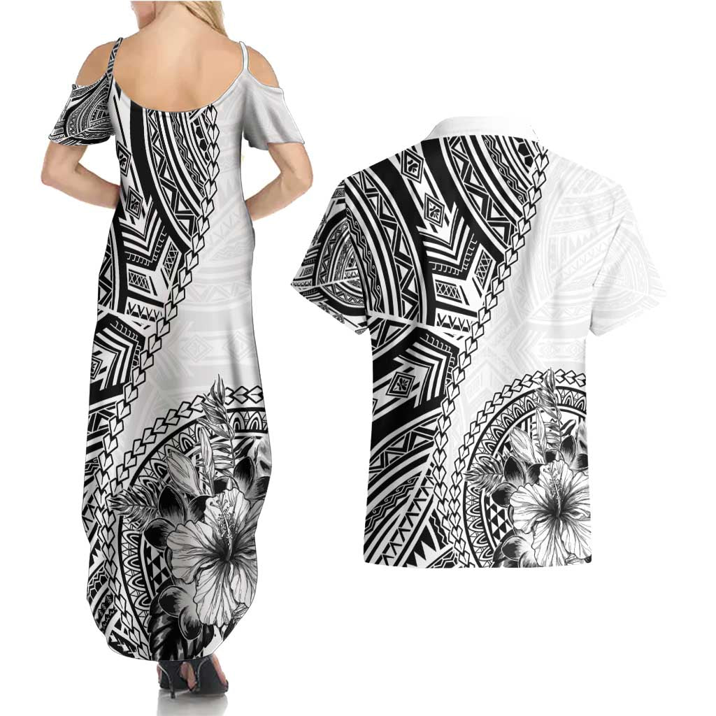 Hibiscus With White Austronesian Tattoo Pattern Couples Matching Summer Maxi Dress and Hawaiian Shirt - Polynesian Pride