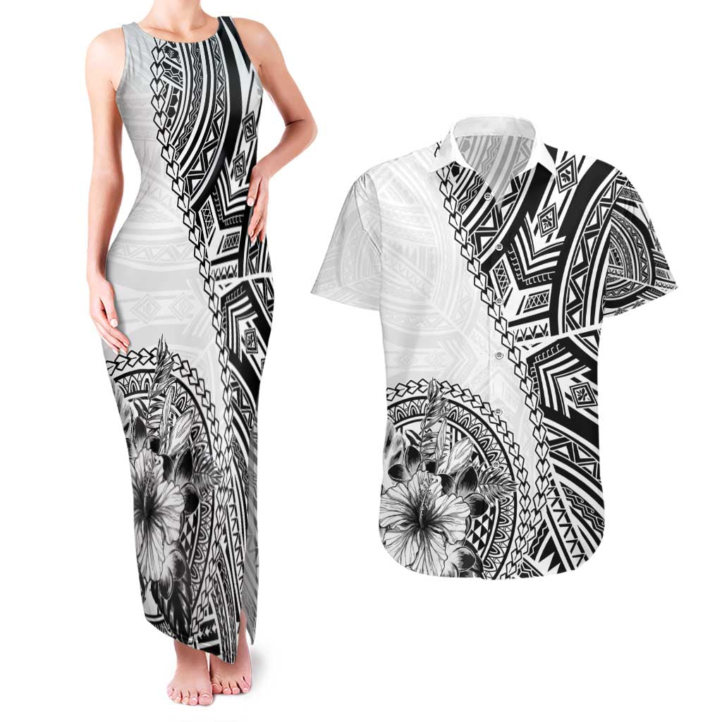 Hibiscus With White Austronesian Tattoo Pattern Couples Matching Tank Maxi Dress and Hawaiian Shirt - Polynesian Pride