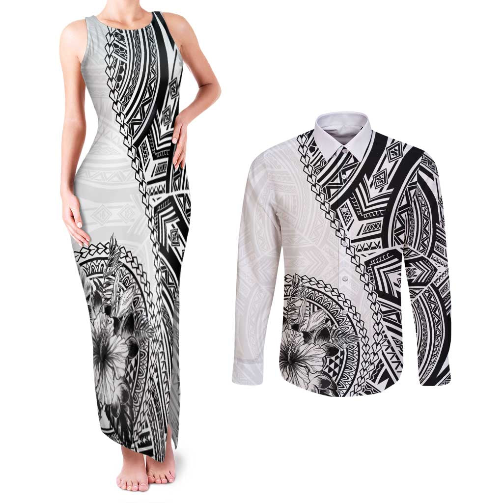 Hibiscus With White Austronesian Tattoo Pattern Couples Matching Tank Maxi Dress and Long Sleeve Button Shirt LT05 White - Polynesian Pride