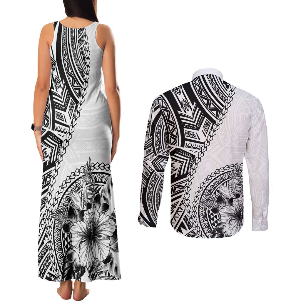 Hibiscus With White Austronesian Tattoo Pattern Couples Matching Tank Maxi Dress and Long Sleeve Button Shirt - Polynesian Pride