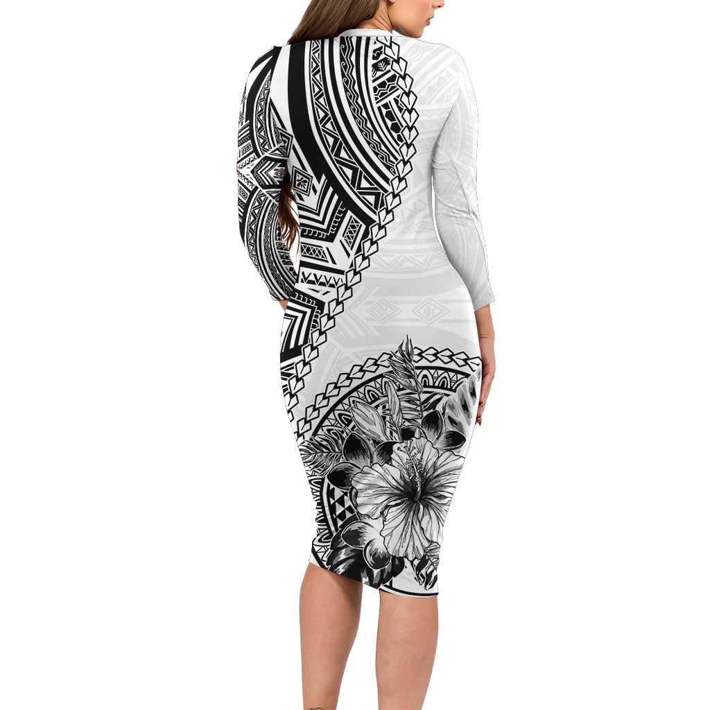 Hibiscus With White Austronesian Tattoo Pattern Family Matching Long Sleeve Bodycon Dress and Hawaiian Shirt - Polynesian Pride