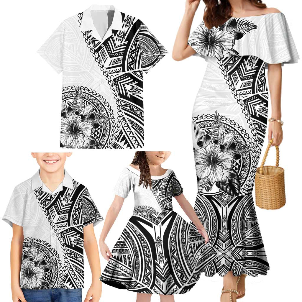 Hibiscus With White Austronesian Tattoo Pattern Family Matching Mermaid Dress and Hawaiian Shirt - Polynesian Pride
