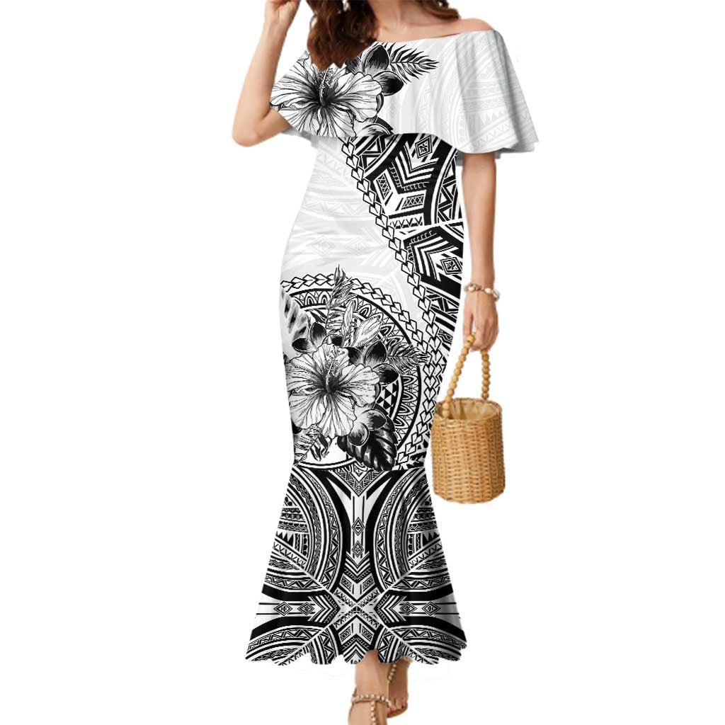 Hibiscus With White Austronesian Tattoo Pattern Family Matching Mermaid Dress and Hawaiian Shirt - Polynesian Pride