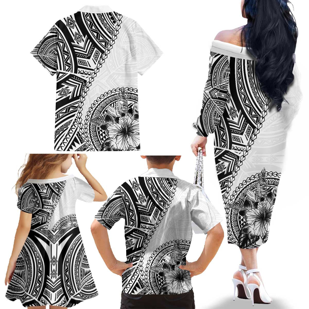 Hibiscus With White Austronesian Tattoo Pattern Family Matching Off The Shoulder Long Sleeve Dress and Hawaiian Shirt - Polynesian Pride
