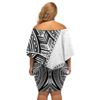 Hibiscus With White Austronesian Tattoo Pattern Family Matching Off Shoulder Short Dress and Hawaiian Shirt - Polynesian Pride