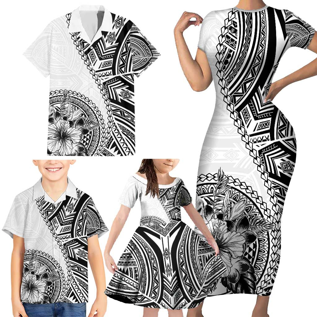 Hibiscus With White Austronesian Tattoo Pattern Family Matching Short Sleeve Bodycon Dress and Hawaiian Shirt - Polynesian Pride