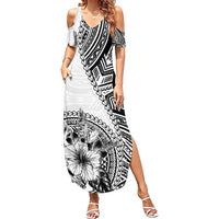 Hibiscus With White Austronesian Tattoo Pattern Family Matching Summer Maxi Dress and Hawaiian Shirt - Polynesian Pride