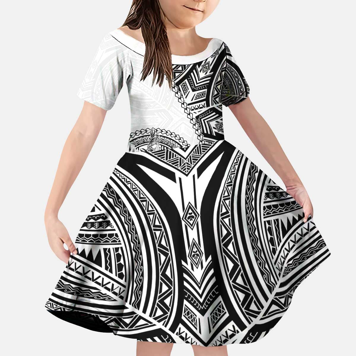 Hibiscus With White Austronesian Tattoo Pattern Kid Short Sleeve Dress LT05 KID White - Polynesian Pride