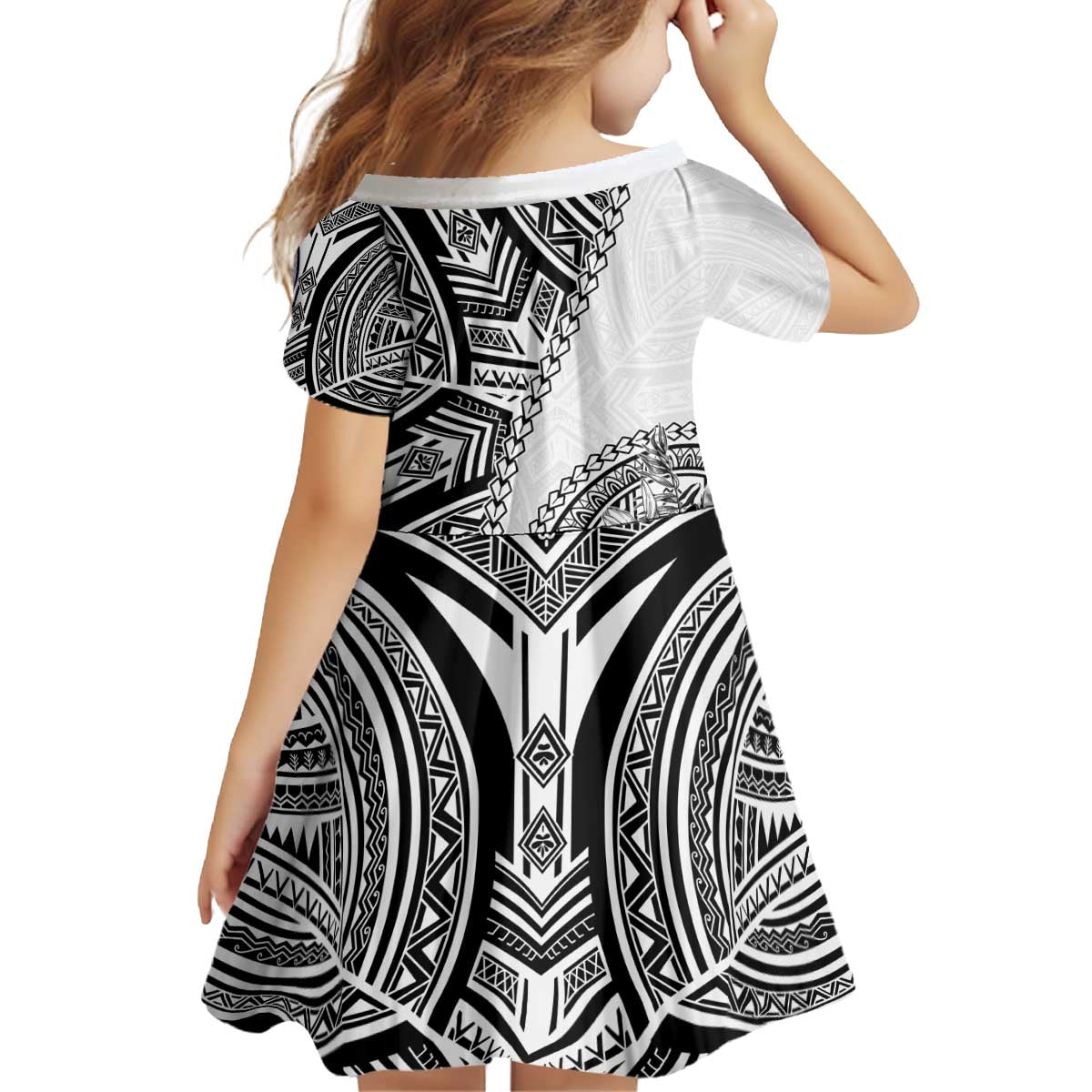 Hibiscus With White Austronesian Tattoo Pattern Kid Short Sleeve Dress LT05 - Polynesian Pride