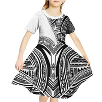 Hibiscus With White Austronesian Tattoo Pattern Kid Short Sleeve Dress LT05 - Polynesian Pride