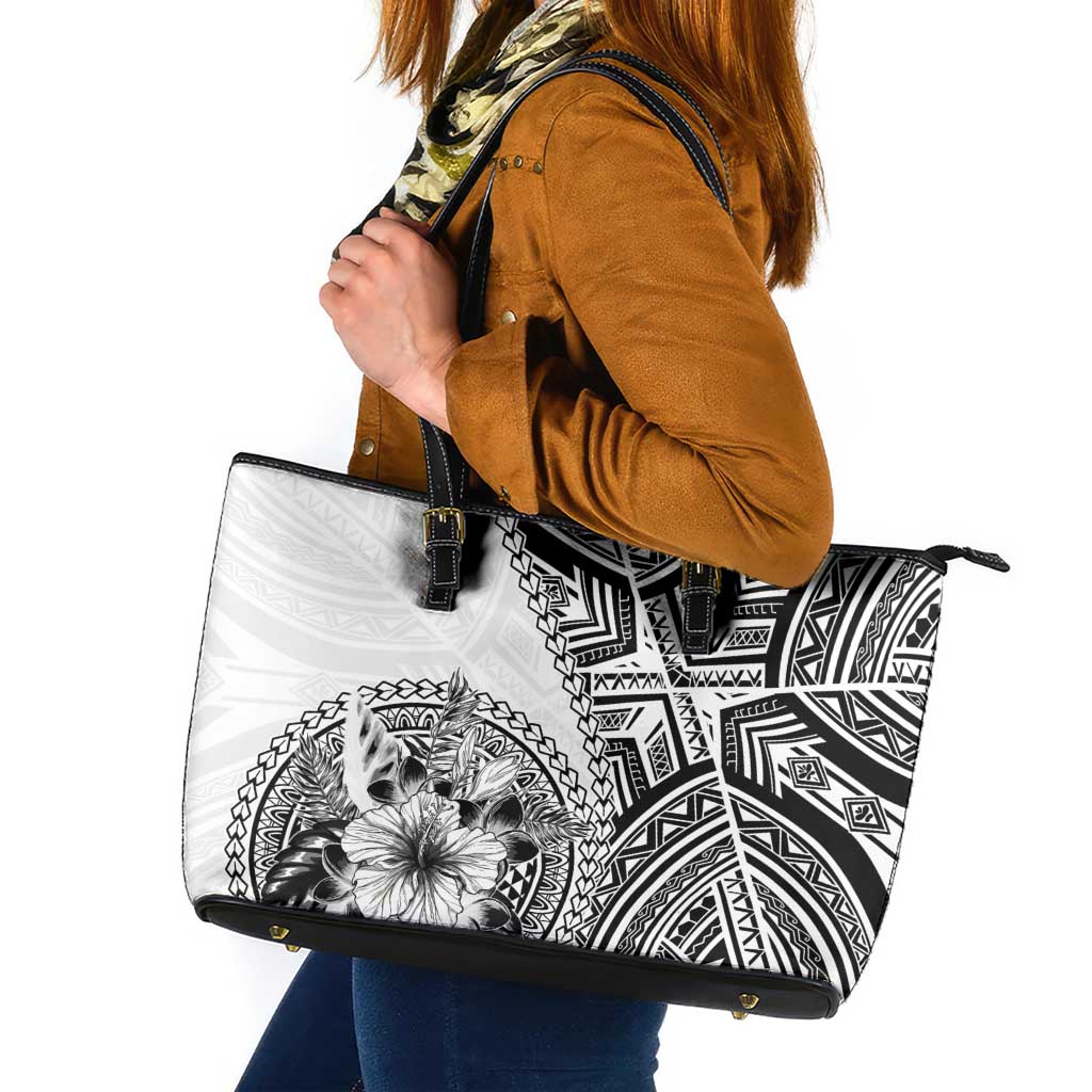 Hibiscus With White Austronesian Tattoo Pattern Leather Tote Bag - Polynesian Pride