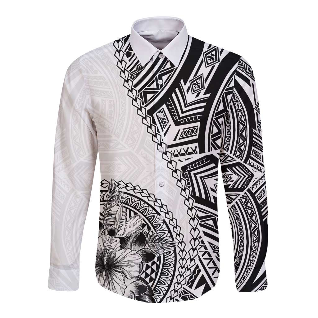 Hibiscus With White Austronesian Tattoo Pattern Long Sleeve Button Shirt LT05 Unisex White - Polynesian Pride