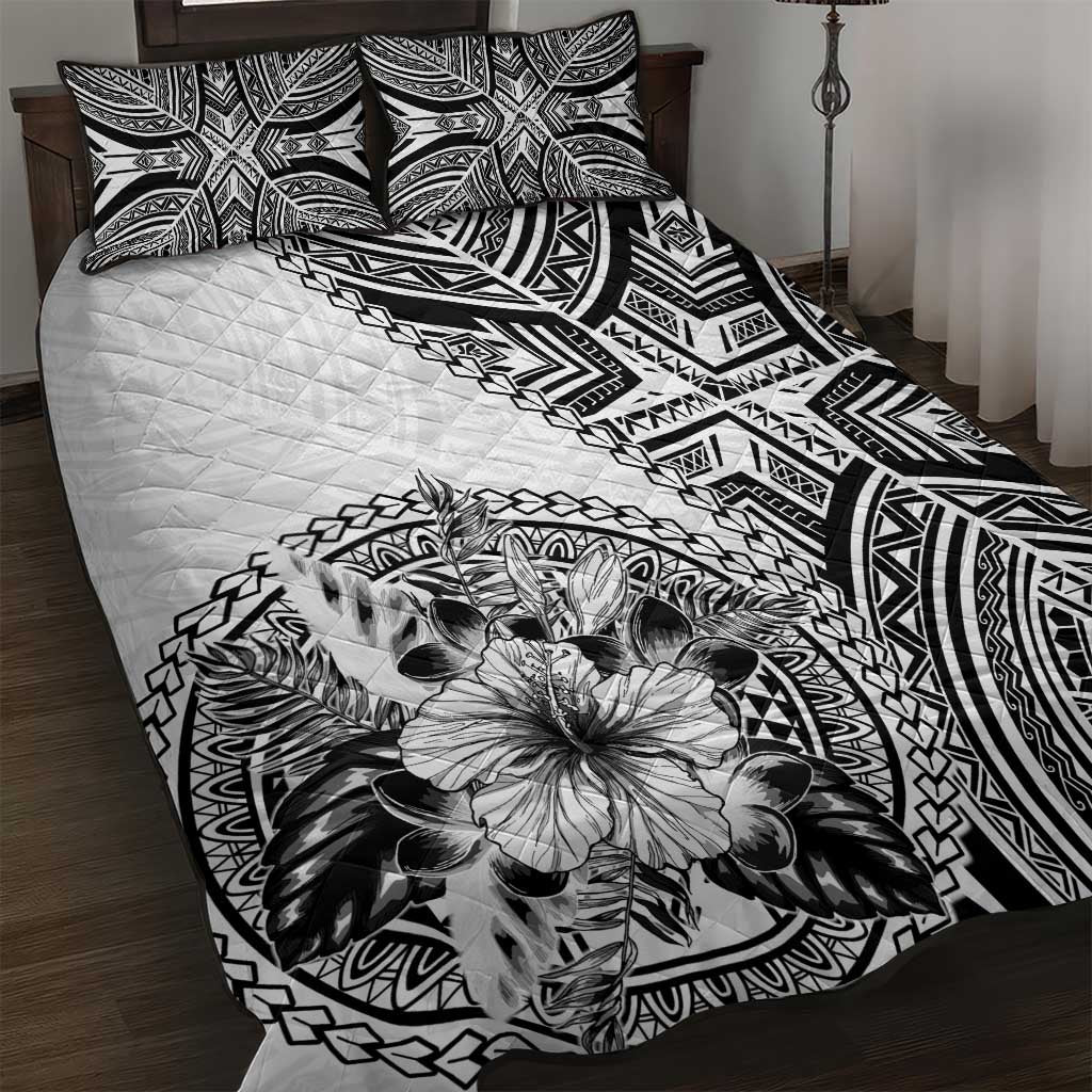 Hibiscus With White Austronesian Tattoo Pattern Quilt Bed Set - Polynesian Pride
