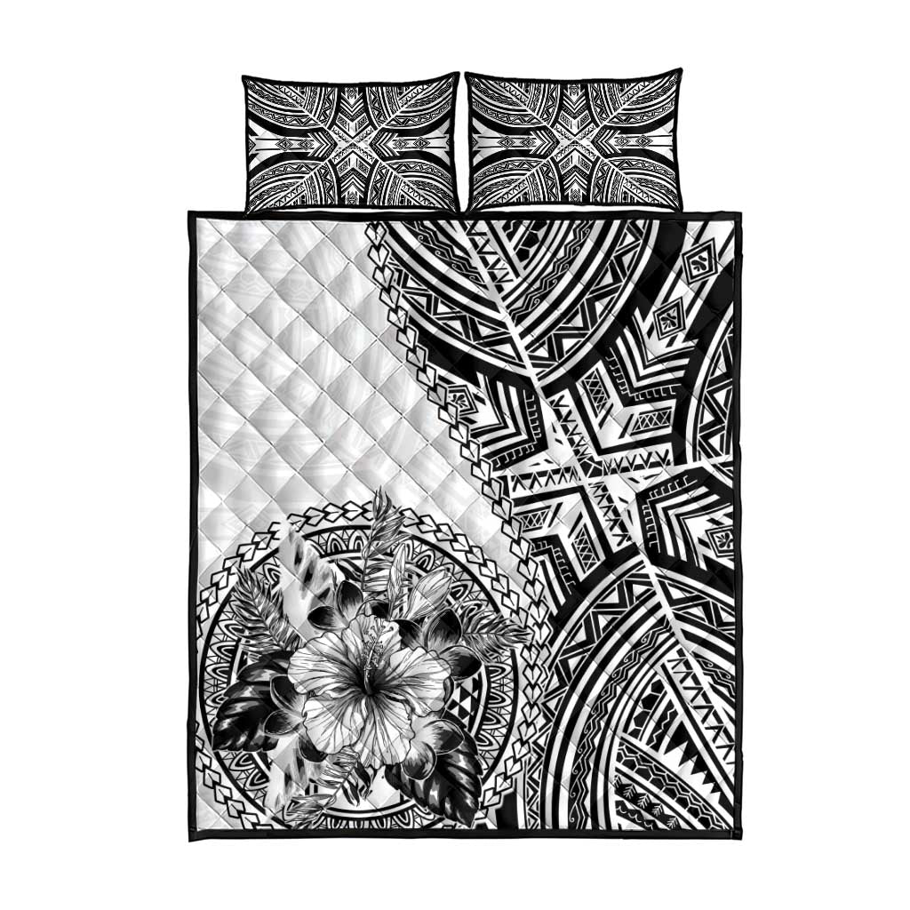 Hibiscus With White Austronesian Tattoo Pattern Quilt Bed Set - Polynesian Pride