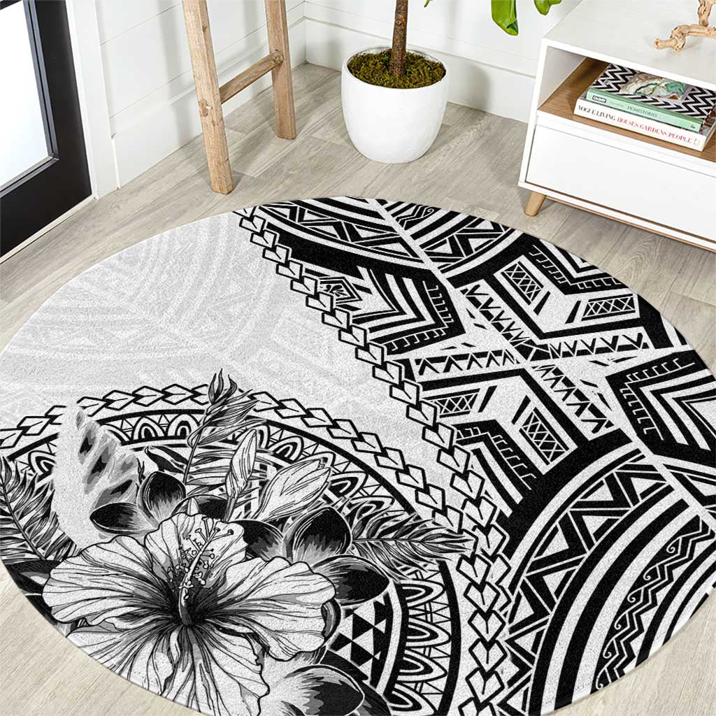 Hibiscus With White Austronesian Tattoo Pattern Round Carpet - Polynesian Pride
