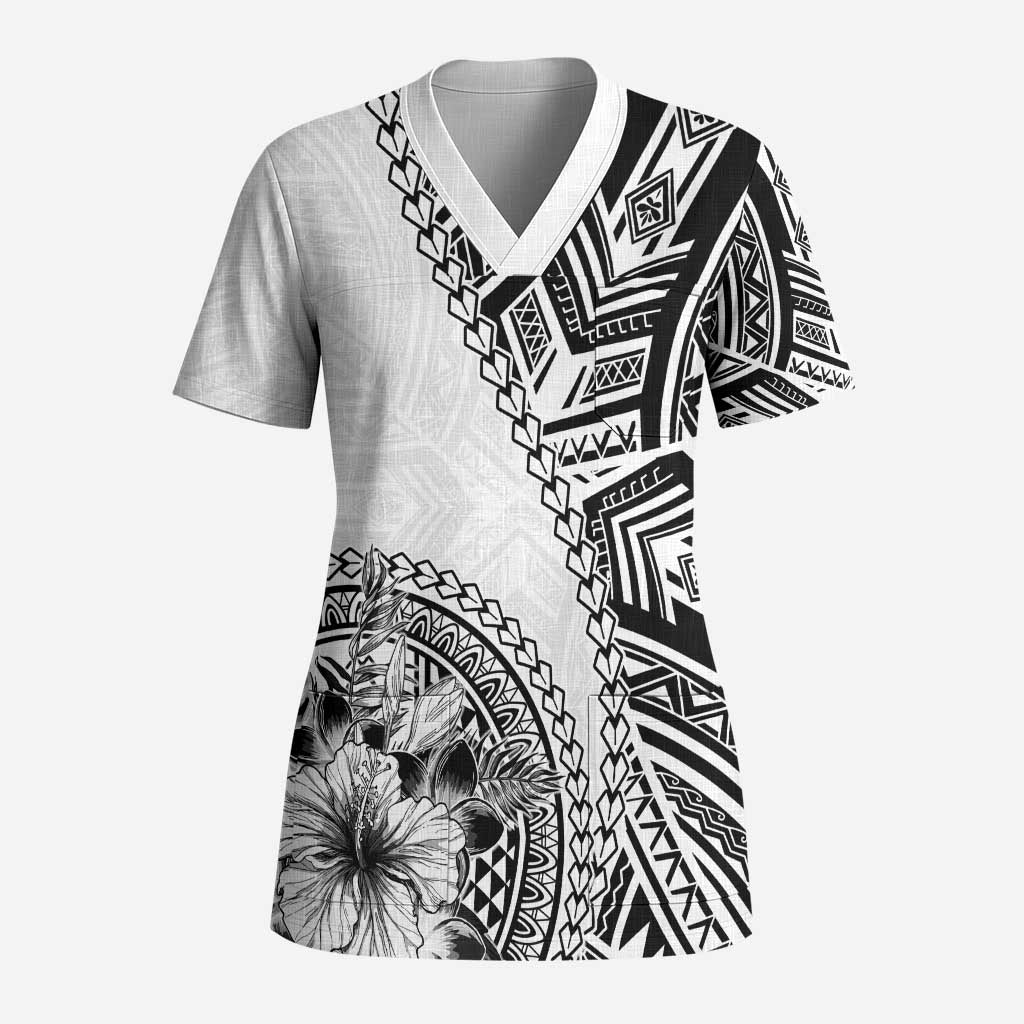 Hibiscus With White Austronesian Tattoo Pattern Scrub Top - Polynesian Pride