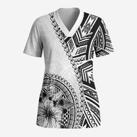 Hibiscus With White Austronesian Tattoo Pattern Scrub Top - Polynesian Pride