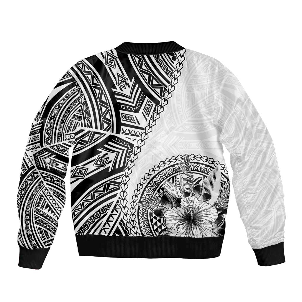 Hibiscus With White Austronesian Tattoo Pattern Sleeve Zip Bomber Jacket - Polynesian Pride