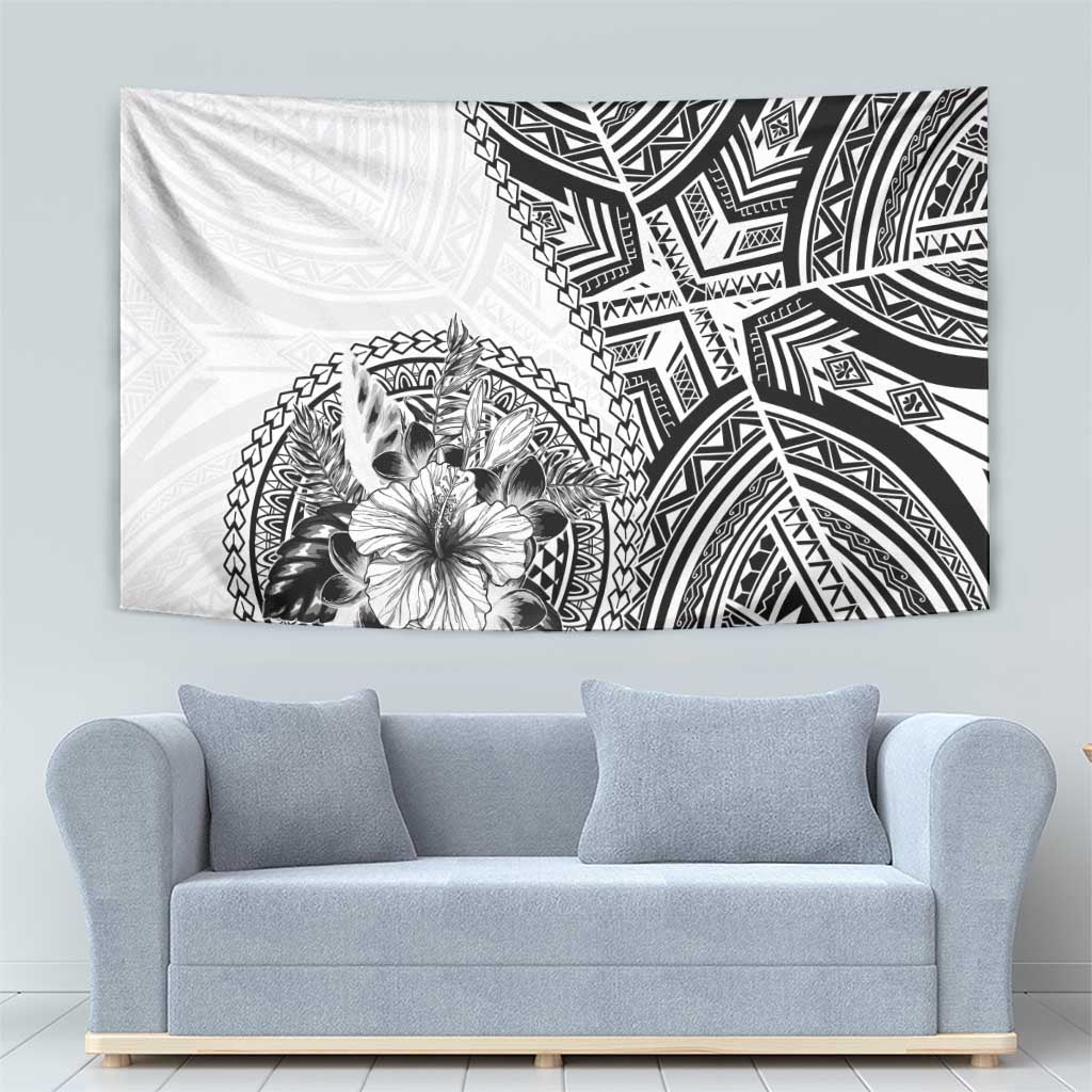Hibiscus With White Austronesian Tattoo Pattern Tapestry - Polynesian Pride