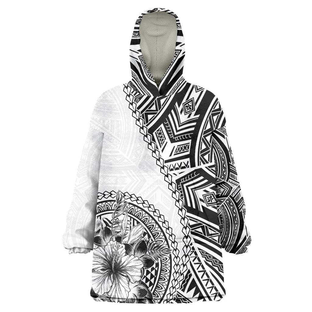 Hibiscus With White Austronesian Tattoo Pattern Wearable Blanket Hoodie - Polynesian Pride