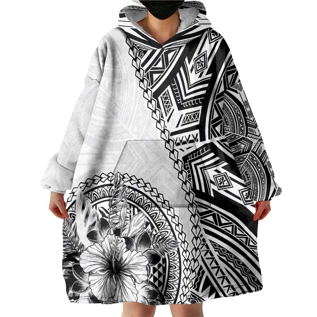 Hibiscus With White Austronesian Tattoo Pattern Wearable Blanket Hoodie - Polynesian Pride