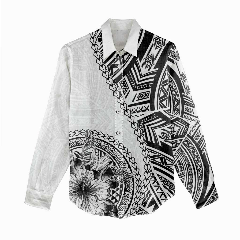 Hibiscus With White Austronesian Tattoo Pattern Women Casual Shirt - Polynesian Pride
