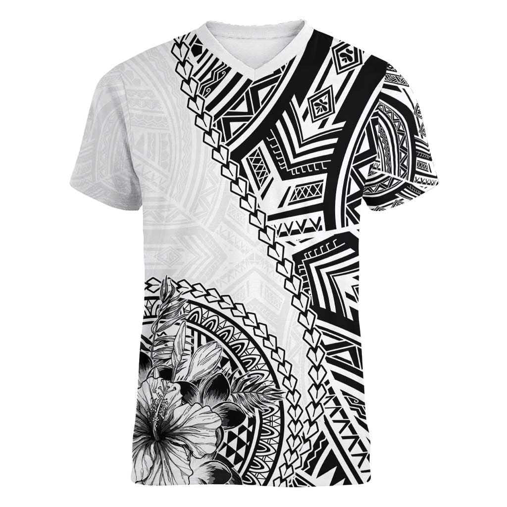 Hibiscus With White Austronesian Tattoo Pattern Women V-Neck T-Shirt - Polynesian Pride