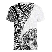 Hibiscus With White Austronesian Tattoo Pattern Women V-Neck T-Shirt - Polynesian Pride